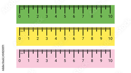 Set of measuring rulers scale. Realistic design of colorful tool supplies - green, yellow, pink ruler. Measuring scale in centimeters, millimeters. Vector illustration
