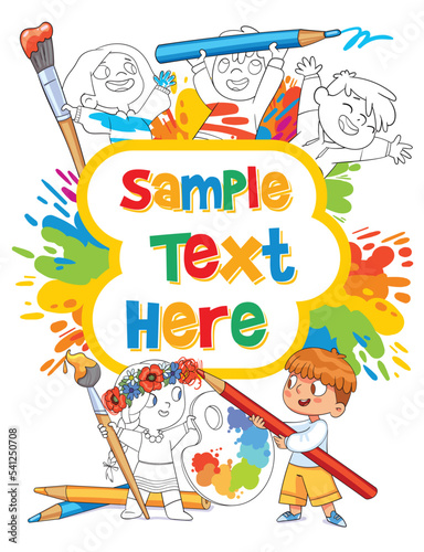 Coloring book cover concept art. Black and white children paint each other with paint in different colors. Colorful cartoon characters. Funny vector illustration. Isolated on white background