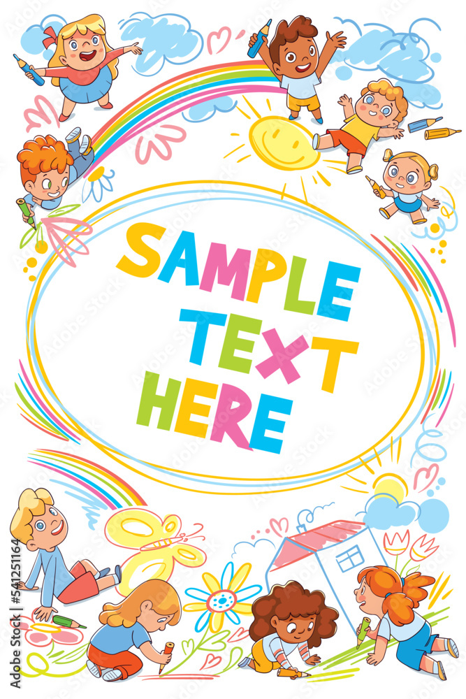 Children draw scribbles on the floor and wall with colored crayons. Cover for coloring book or kids poster. Colorful cartoon characters. Funny vector illustration. Isolated on white background Children draw scribbles on the floor and wall with colored crayons. Cover for coloring book or kids poster. Colorful cartoon characters. Funny vector illustration. Isolated on white background