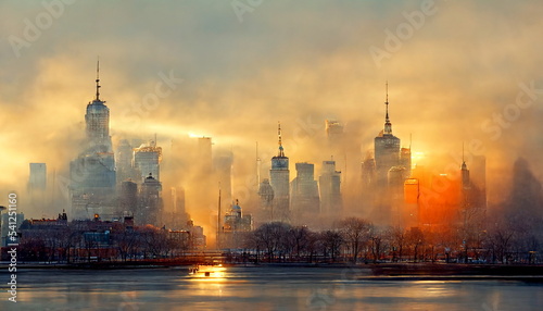 Illustration Lower Manhattan skyline at sunrise New York City USA. Digital art