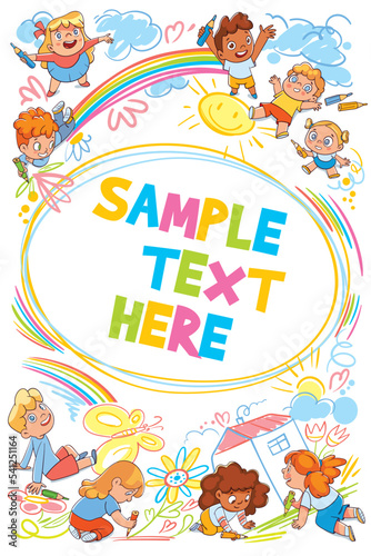 Children draw scribbles on the floor and wall with colored crayons. Cover for coloring book or kids poster. Colorful cartoon characters. Funny vector illustration. Isolated on white background