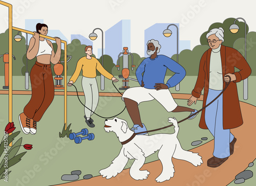 Flat people do sport, woman walk with dog in city park. Character training an outdoor gym, walking with pet at public place. Open air workout, physical exercising. Healthy lifestyle, active recreation