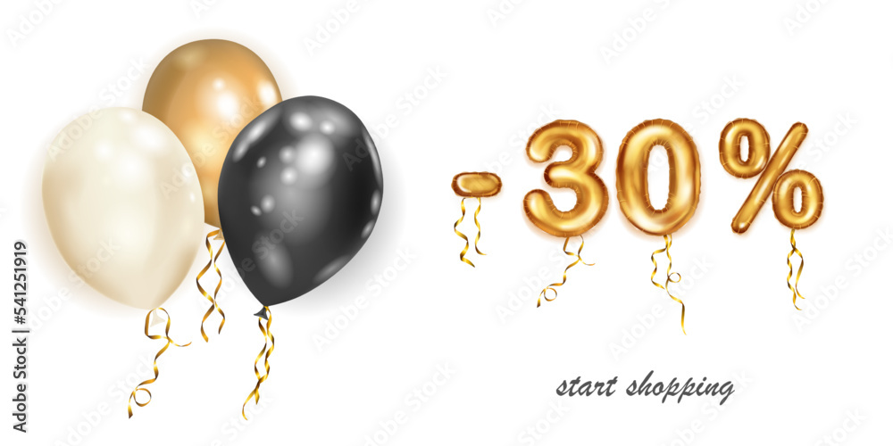 Obraz premium Discount creative illustration with white, black and gold helium flying balloons and golden foil numbers. 30 percent off. Sale poster with special offer on white background