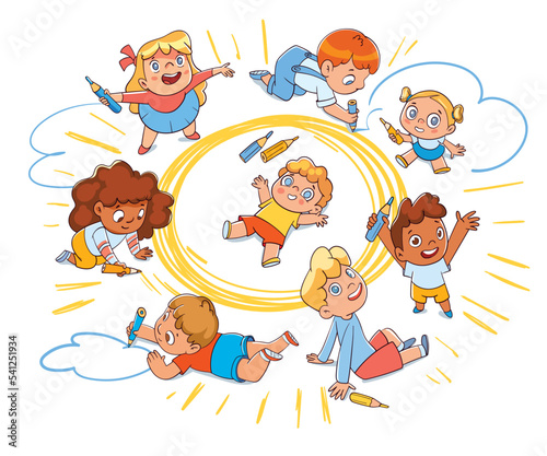 Children draw a big sun on the floor. Top view. Colorful cartoon characters. Funny vector illustration. Isolated on white background