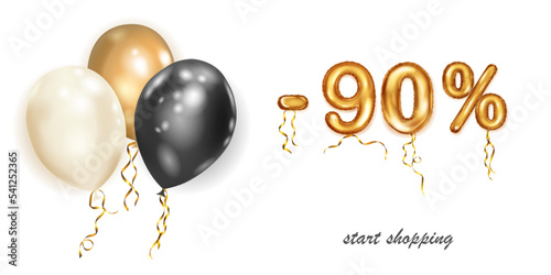 Discount creative illustration with white, black and gold helium flying balloons and golden foil numbers. 90 percent off. Sale poster with special offer on white background