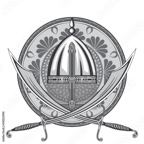 A protective shield, sabers, and a knight's helmet of a Turkish or Arab warrior of the Middle Ages on a white isolated background in monochrome. Vector illustration in shades of gray