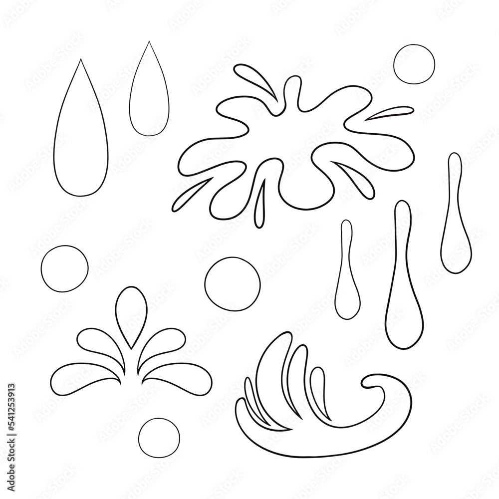 Monochrome set of icons, various splashes, waves and water drops, vector cartoon