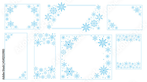 Decorative frames with snowflakes. Vintage luxury festive dividers for titles certificate, filigree winter ornamental corner design. Vector isolated set