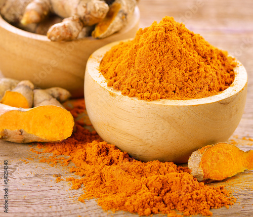 turmeric powder in spoon on wood. This herb high vitamin C. Vitamin c for protect virus.