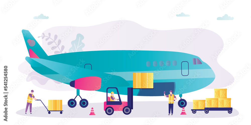 Air cargo services and freight, airplane with autoloader at airport. Workers men unloading or loading of goods into plane. Forklift and various boxes near aircraft. Global transportation,