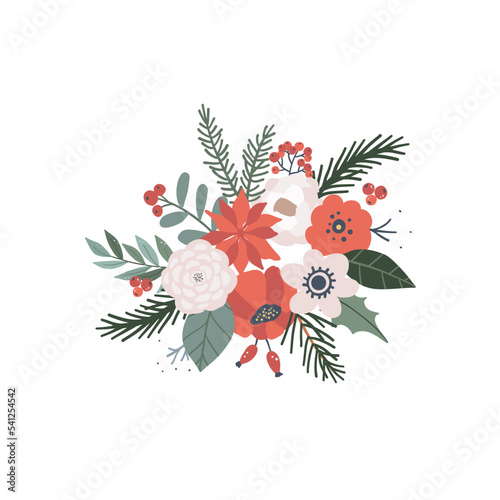 Winter Christmas floral bouquet with flowers, spruce, green leaves. Botanical nature plant, foliage arrangement vector illustration