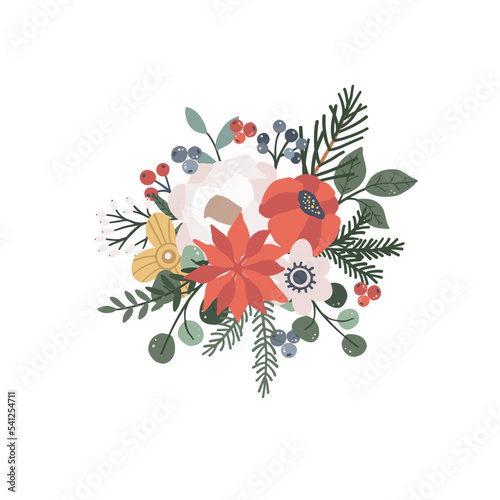 Winter Christmas floral bouquet with flowers, spruce, green leaves. Botanical nature plant, foliage arrangement vector illustration