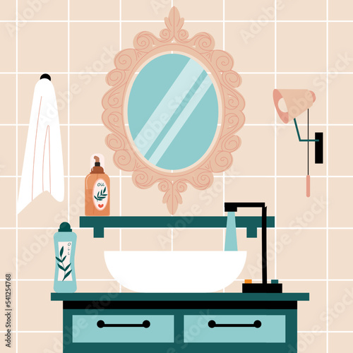 Bathroom interior with mirror. Modern home bathtub with wash sink towels wall lamps, cartoon toilet room minimalism style hygiene concept. Vector illustration