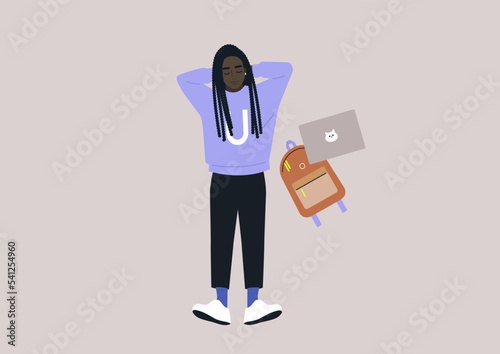 A top view of a young resting African student lying on a floor with hands behind their head