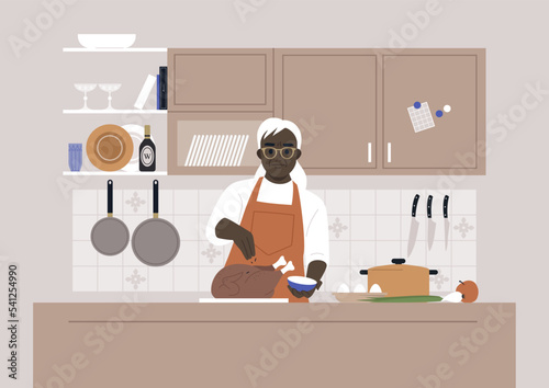 Thanksgiving day, A senior female African character cooking a roasted turkey in a kitchen