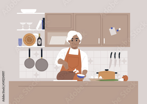 Thanksgiving day, A senior female Caucasian character cooking a roasted turkey in a kitchen