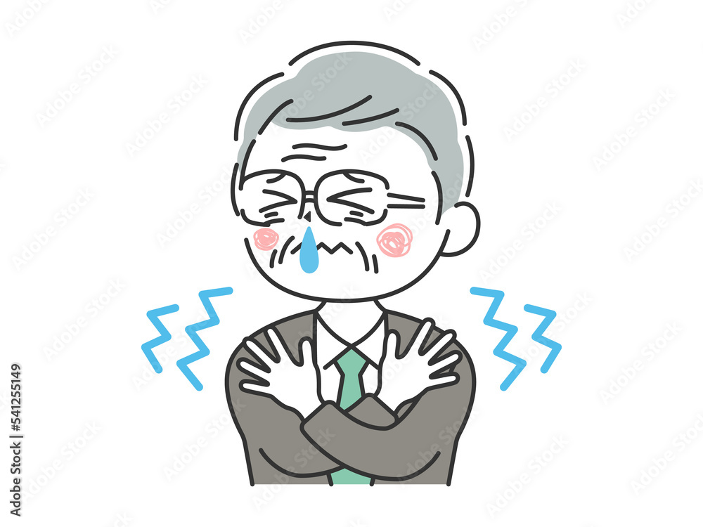 寒くて震える、鼻水が出ている、年配ビジネスマンのイラスト 寒くて震える、鼻水が出ている、年配ビジネスマンのイラスト