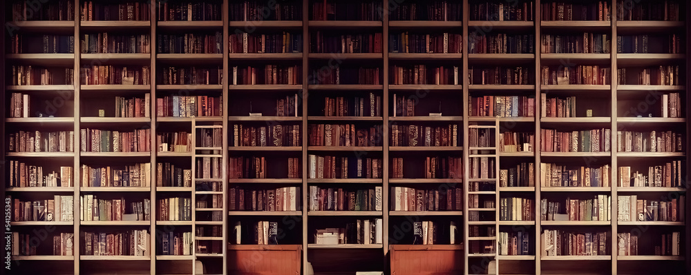 Bookshelves in the library with old books. 3d illustration - obrazy, fototapety, plakaty 