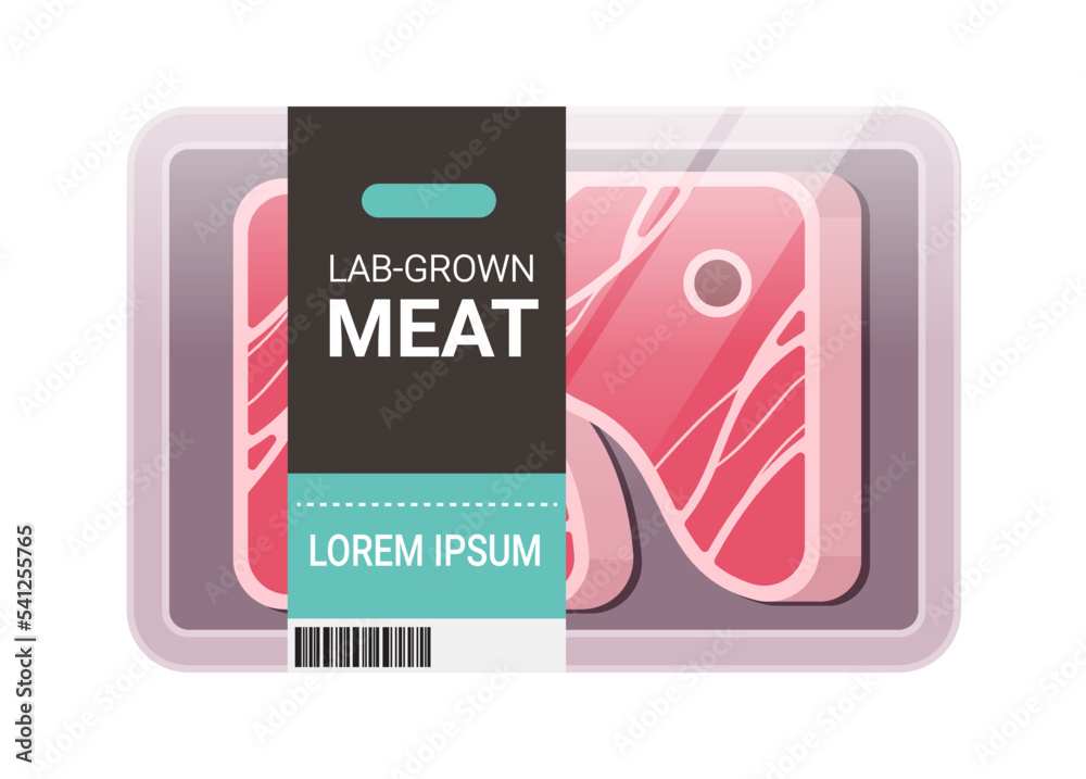 cultured raw red meat pack plastic tray container steak made from animal cells artificial lab grown meat production concept
