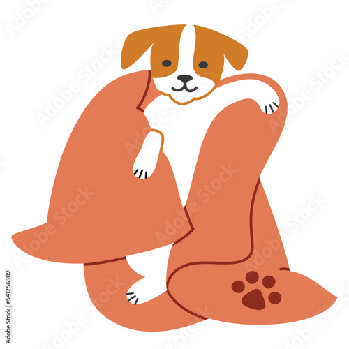 Cute puppy wrapped in towel, pet towel doodle icon, washing and bathing dog, animal supplies and accessories, vector illustration for pet shop, isolated colored clipart on white background