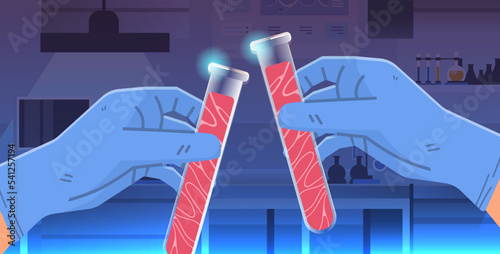 scientist hands holding test tubes with cultured red raw meat made from animal cells artificial lab grown meat production