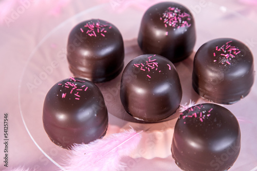 Sponge marshmallow candy covered in chocolate and vanilla wafer underneath, on a pink background. photo