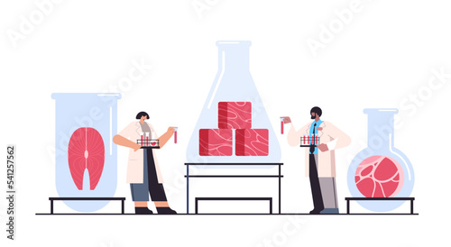 scientists analyzing test tubes with cultured red raw meat made from animal cells artificial lab grown meat production concept