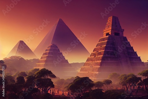 Ancient pyramids among the rainforest under the sky at sunset 3d illustration photo