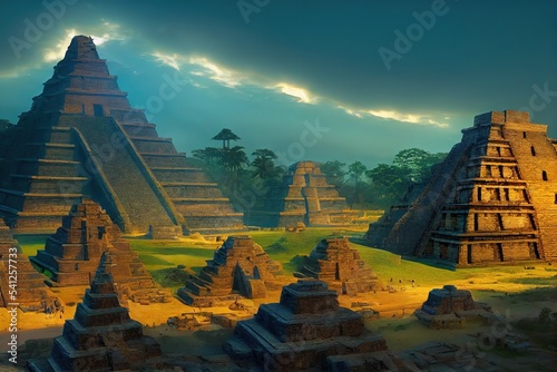 Ancient pyramids among the rainforest and green grass under the blue sky 3d illustration photo