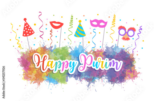 Banner for Jewish holiday Purim with masks. Happy Purim congratulations. Jewish Holiday greeting card. Vector illustration