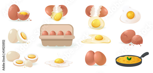 Cartoon eggs set. Broken egg raw yolk eggshell protein, fresh farm cooking natural ingredients in container, healthy organic food concept. Vector isolated set