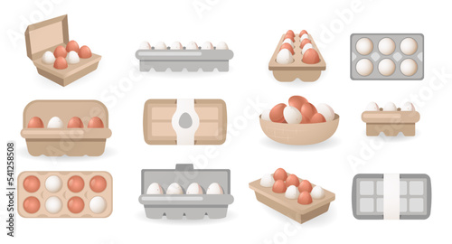 Eggs in boxes. Chicken fresh organic food in cardboard container cartoon style, package of cooking ingredients broken eggshell protein raw yolk. Vector set
