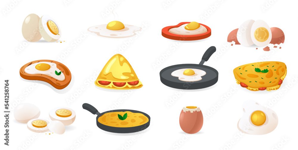 Cooked eggs. Raw boiled fried stuffed baked meal scrambled omelette poached, cartoon organic farm food healthy breakfast. Vector collection