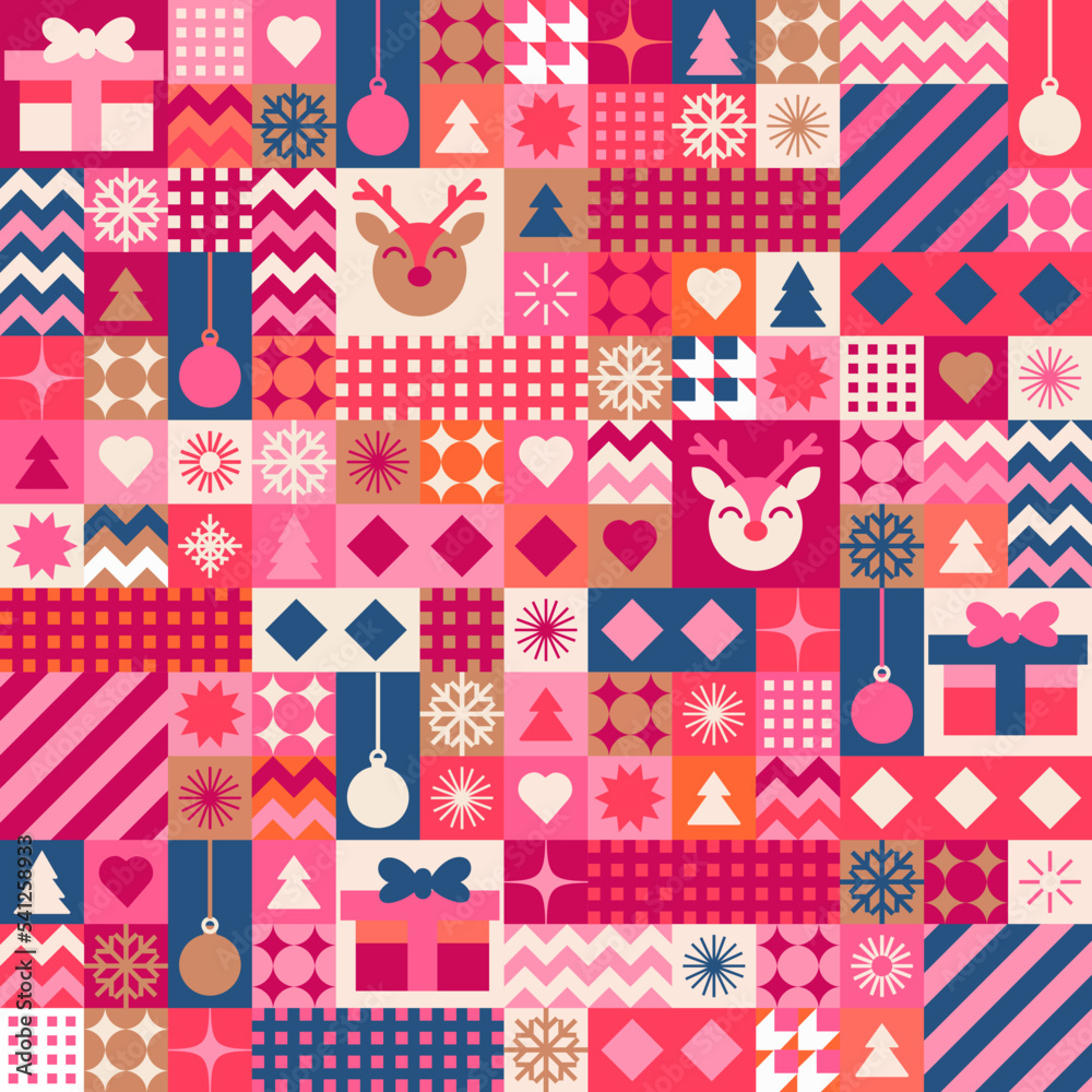New Year's seamless pattern in the form of a mosaic with flat, geometric icons. The design is perfect for wallpaper, wrapping, gift papers, pattern fills, web page backgrounds, winter greeting cards.