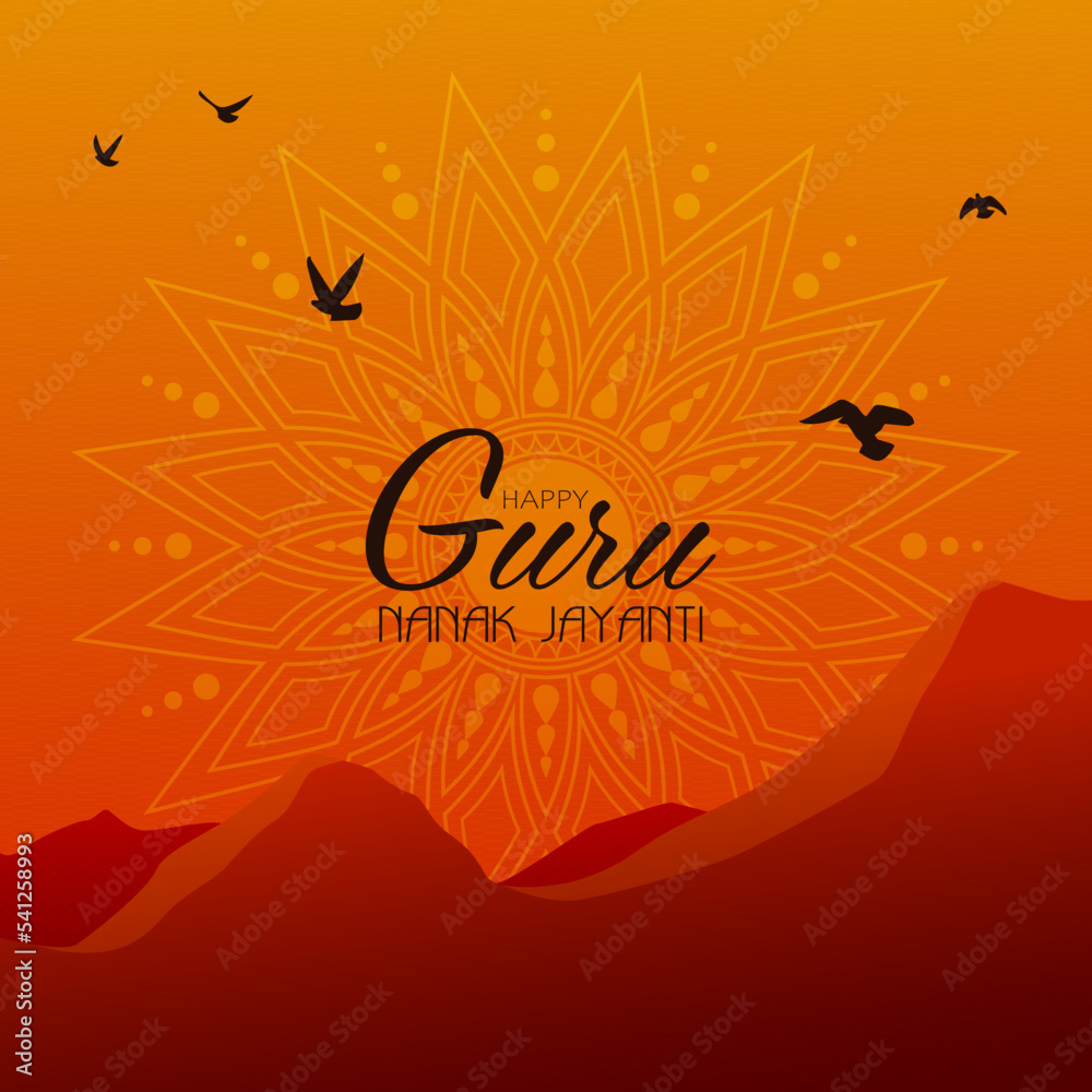 Happy Guru Nanak Jayanti festival of India. Sunrise over the mountains