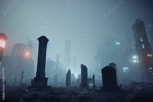Illustration of a foggy graveyard in a big city