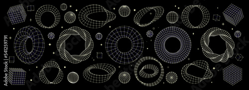 Abstract grid shapes. Mobius strip wireframe, twisted donut mesh, 3D sphere and cube shape vector set