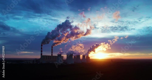 panoramic aerial view of the coal-fired power plant at sunset
