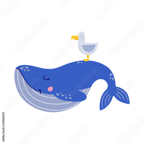 Cute funny whale and seagull. Vector illustration, isolated on a white background. Scandinavian style flat design. Concept for children print.