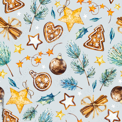 Watercolor Christmas pattern with fir branches, Christmas balls, stars, gingerbread, garlands.  Watercolor hand drawn illustrations for textiles, packaging, designs, fashion fabric, home textile