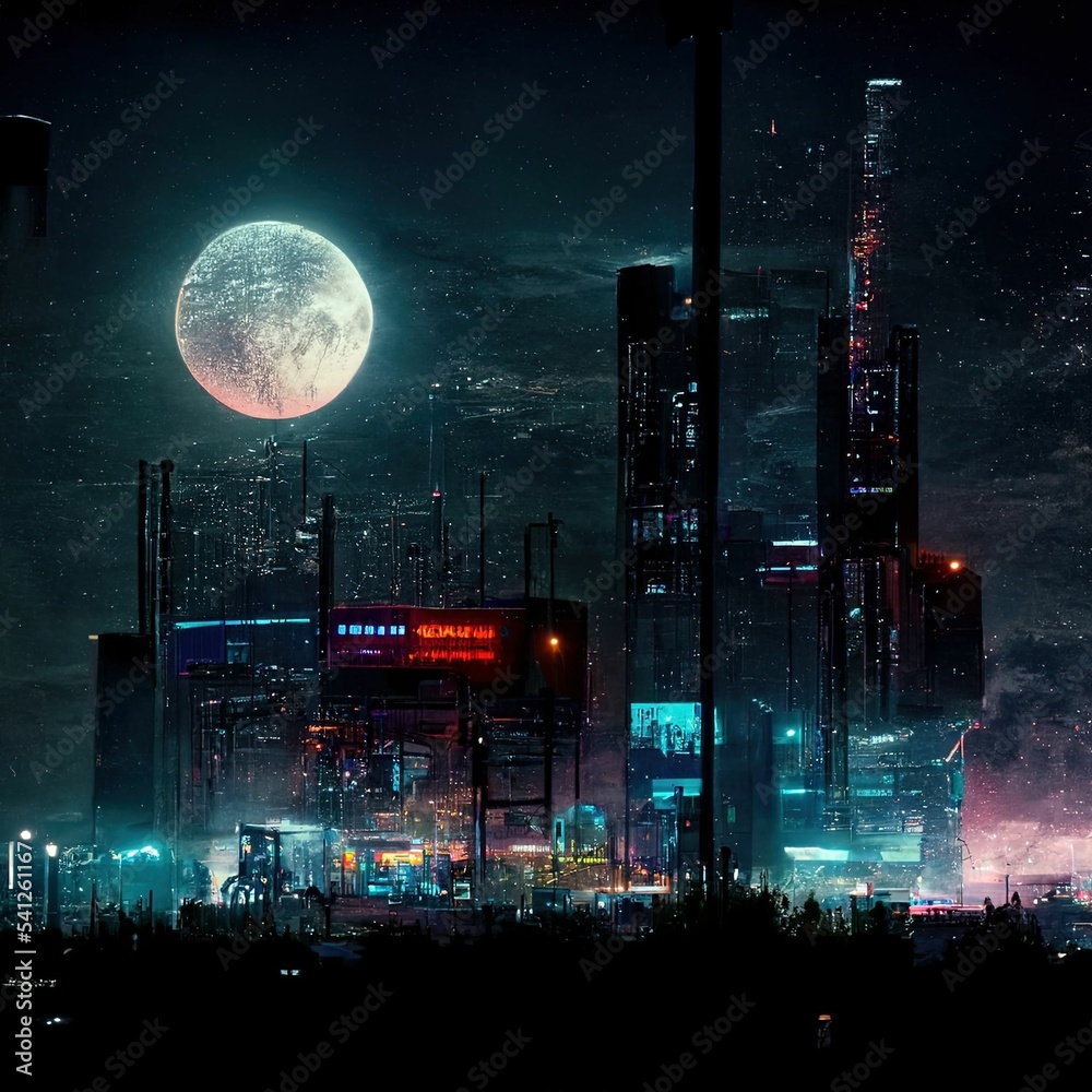 AI-generated illustration of a big round moon over a dark city - obrazy, fototapety, plakaty 