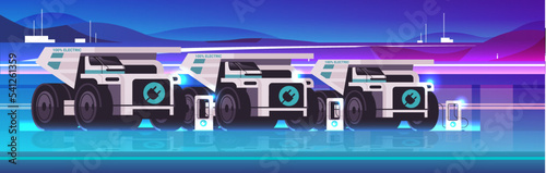 electric mining dumpers charging battery vehicles at recharging power station charger EV management