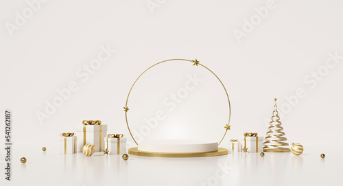 3D rendering white or light beige and gold product display stand with spiral Christmas tree, gift boxes and baubles. Luxury Christmas product presentation background.