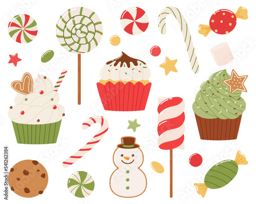 Christmas sweets set. Cakes, sweets, gingerbread and lollipops on a white background.