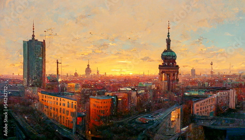 Panoramic view of Berlin at sunset. Digital art and Concept digital illustration.