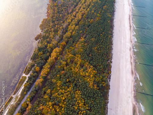 aerial photo of colourful trees on the hel peninsula at sunset; colourful autumn leaves by the sea; Baltic sea in autumn