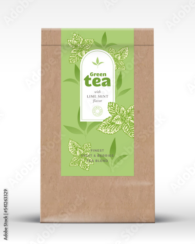 Craft Paper Bag with Fruit and Berries Tea Label. Realistic Vector Pouch Packaging Design Layout. Modern Typography, Hand Drawn Mint Leaves Silhouettes Background Mockup Isolated