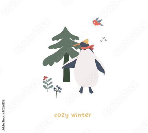 Cute winter card with penguin animal character and spruce tree. Hand drawn doodle drawing xmas childish vector illustration in flat style for kids t shirt, print card