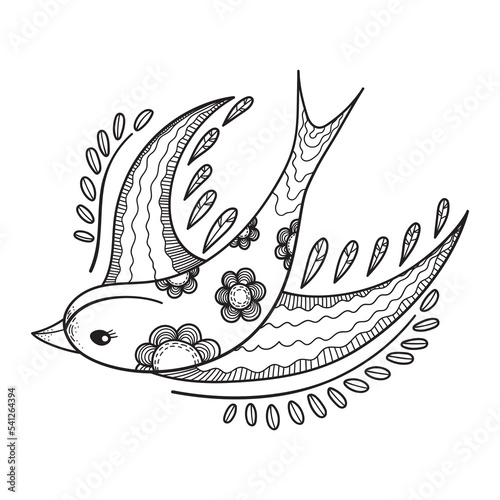 Swallow decorative with flower and leaves. Hand drawn martin line art style. Cute bird coloring. Vector illustration isolated on white background.