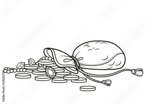 large drawstring pouch with scattered coins and gems outlined for coloring page on white background